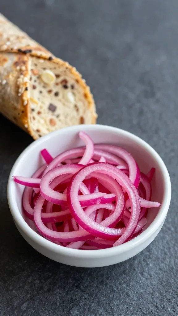 small bowl of pickled red onions beside shawarma slice