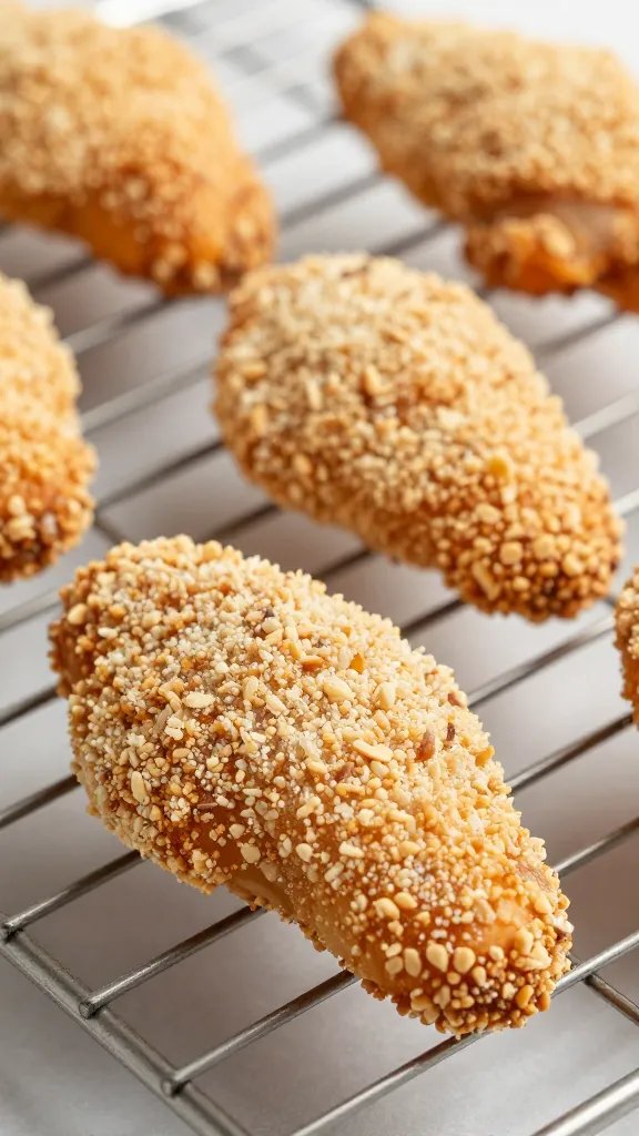 closeup of almond flour–crusted chicken tender on wire rack