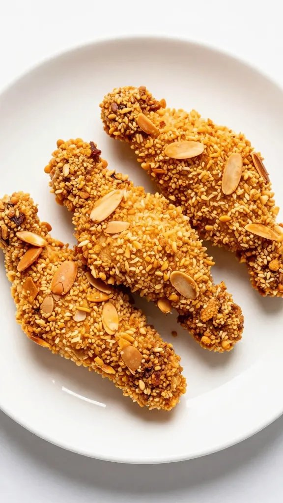 crispy almond-crusted chicken tender on white ceramic plate