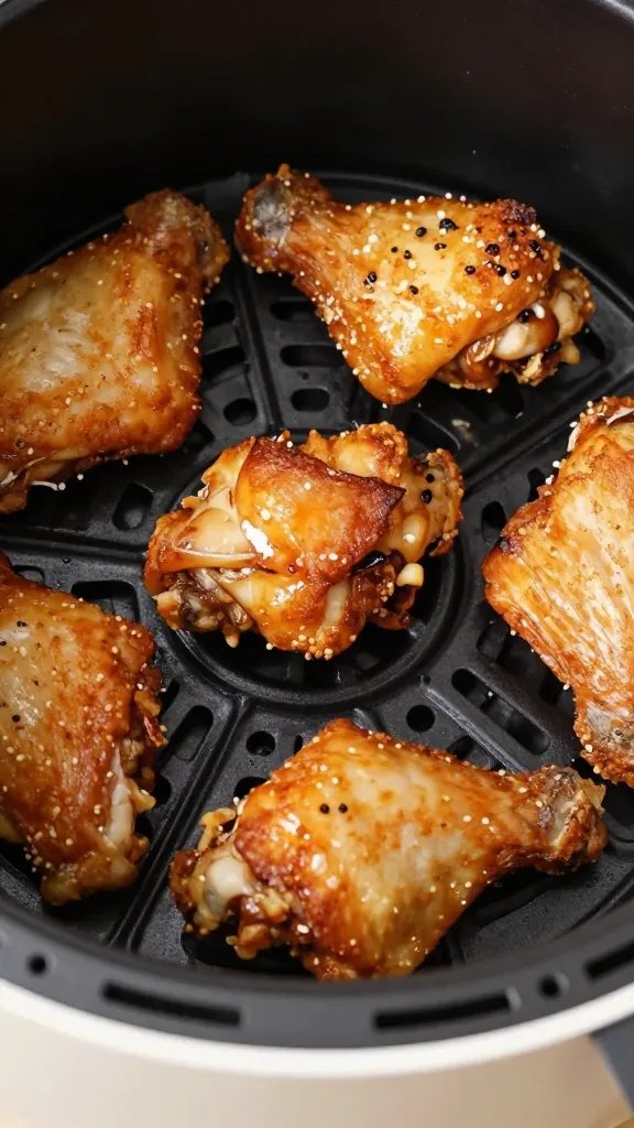 Closeup of air fryer basket with crispy chicken thighs