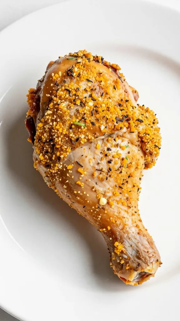 Closeup herb-crusted chicken thigh on white ceramic