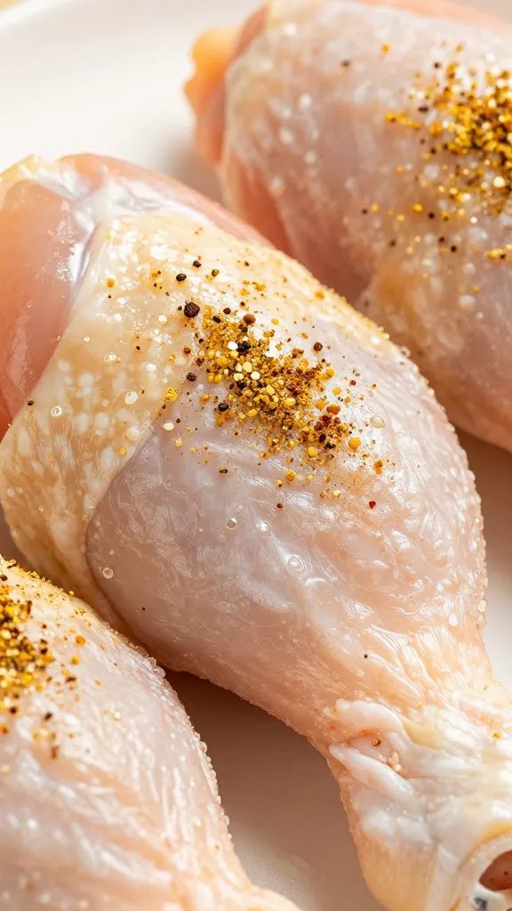 Closeup of raw chicken thigh rubbed with spice blend