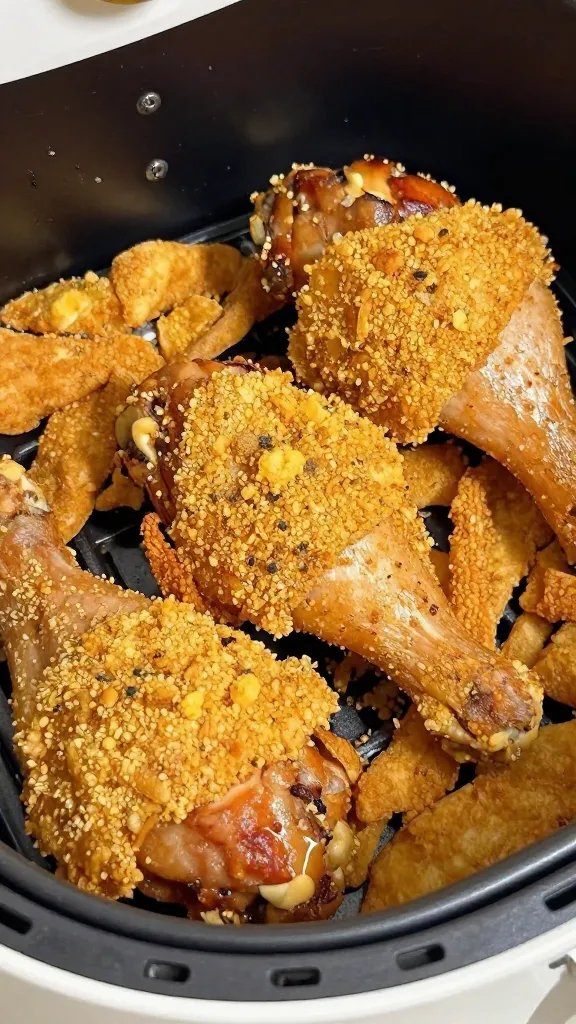 closeup pork rind–crusted chicken thigh in air fryer basket