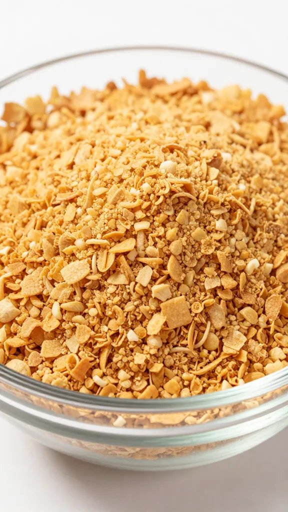 crushed pork rinds in glass bowl, fine crumb texture