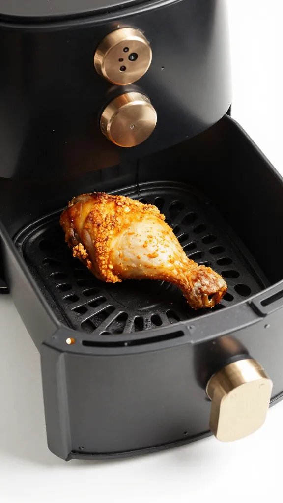 air fryer drawer halfway open with one crisp chicken thigh