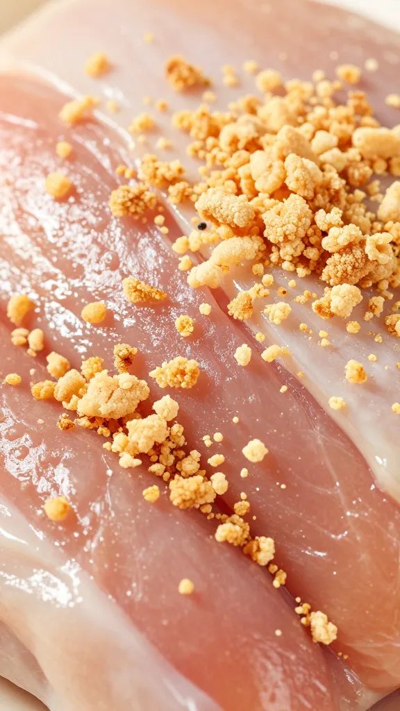 pork rind crumbs adhered to raw chicken, extreme closeup