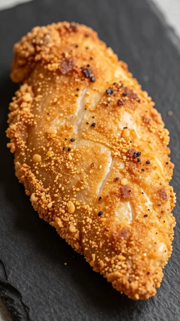 closeup air-fried keto chicken breast on black slate