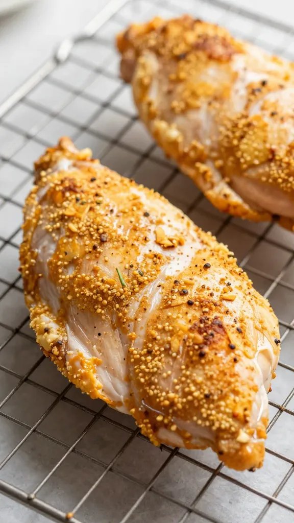 golden crusted chicken breast on wire rack