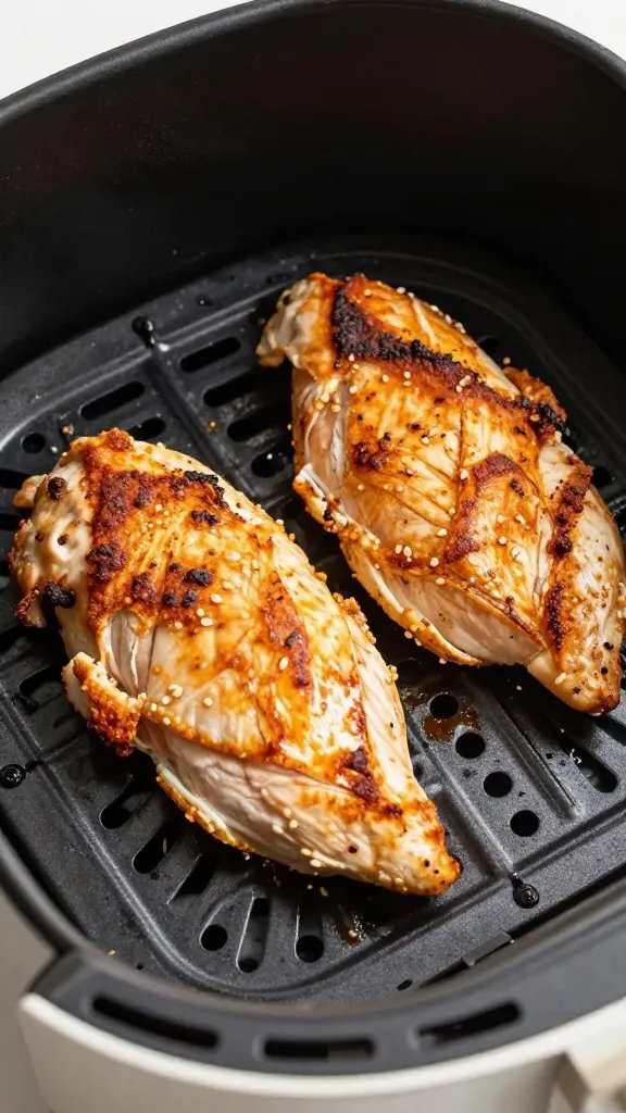 chicken breast in air fryer basket, crisp skin