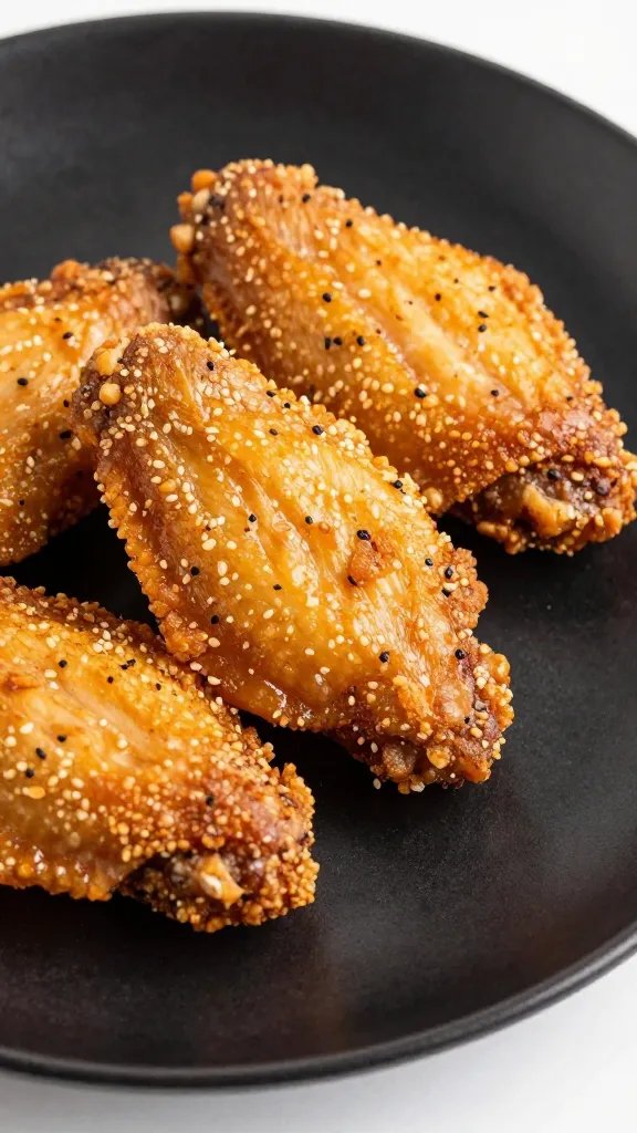 crispy keto chicken wing on matte black plate, close crop