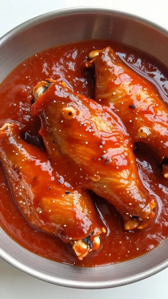 single wing tossed in Buffalo sauce, stainless bowl closeup
