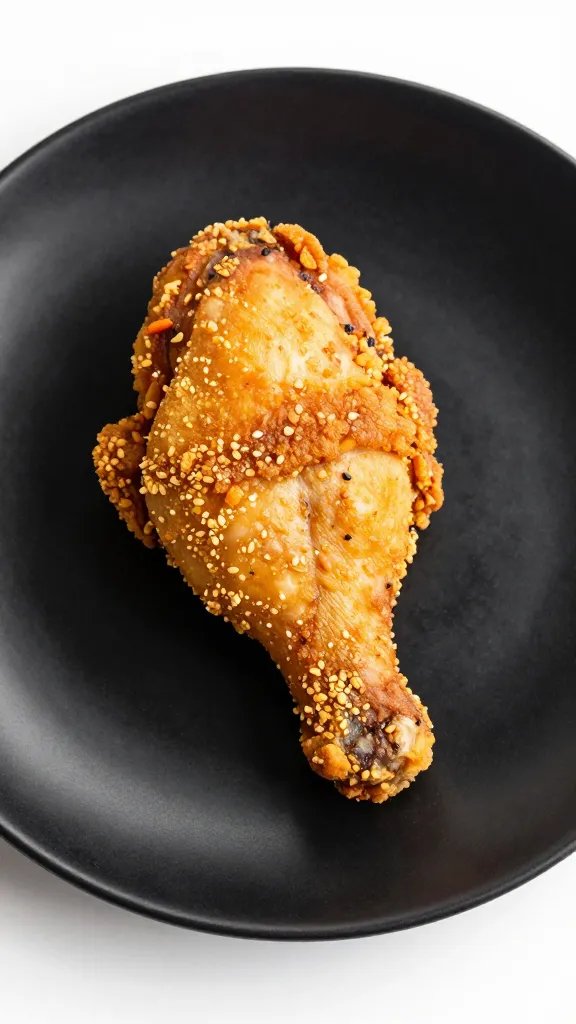 single crispy air-fried chicken thigh on matte black plate