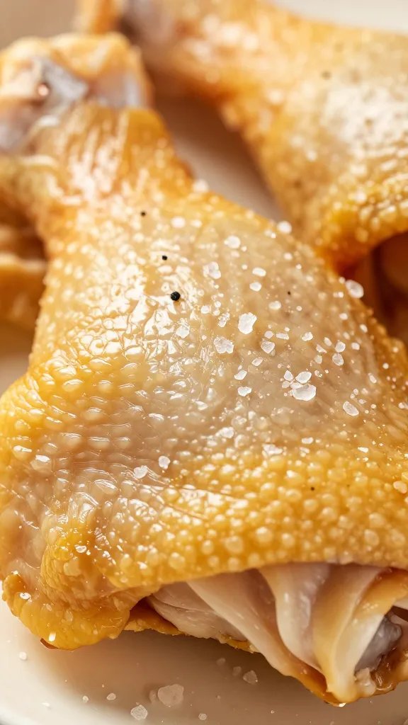closeup of golden chicken thigh skin, sea salt crystals