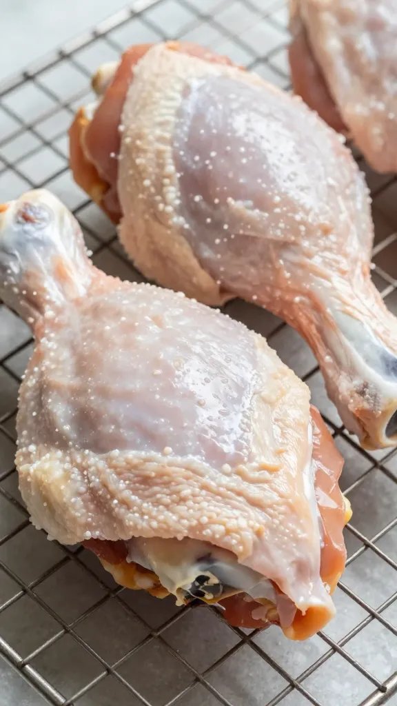 bone-in chicken thigh resting on wire rack, glistening fat