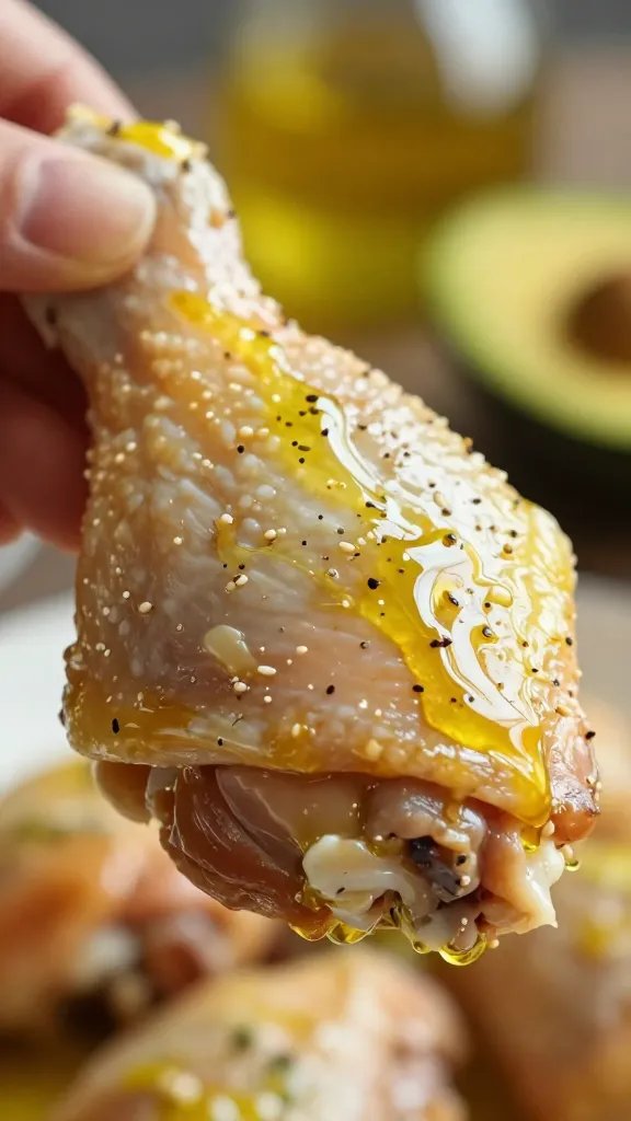 chicken thigh brushed with avocado oil, bokeh background
