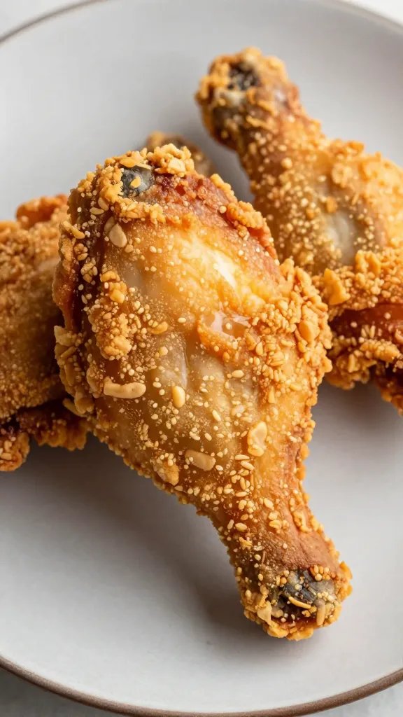 closeup of crispy air-fried chicken thigh on matte plate