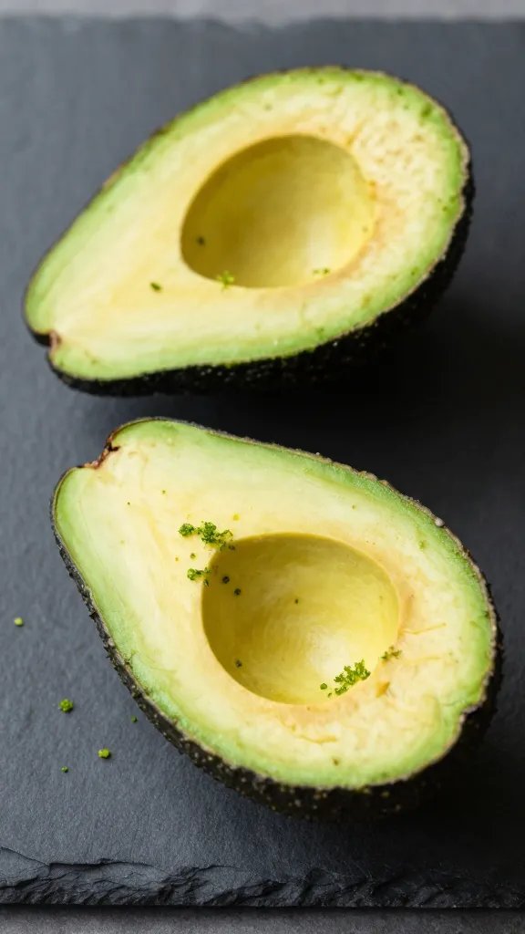 halved ripe avocado with lime zest on slate board