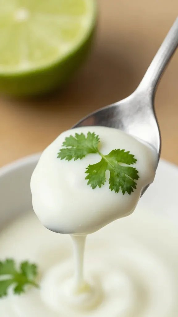 drizzle of lime-cilantro crema on spoon, macro shot