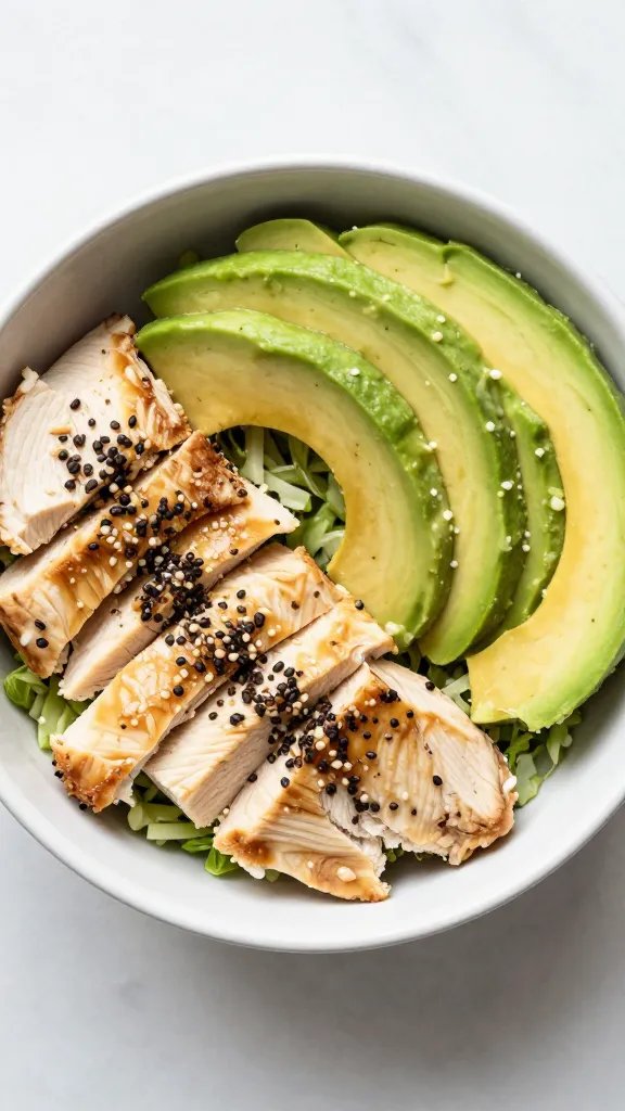 keto power bowl with chicken and avocado, overhead