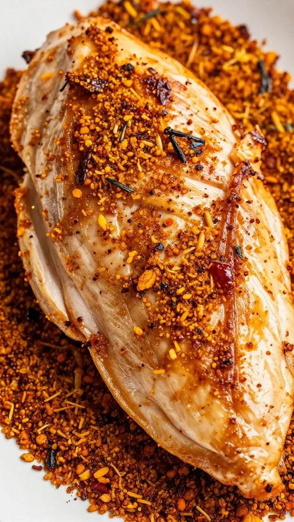 seared chicken breast slices with paprika crust, closeup