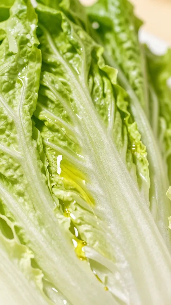 romaine lettuce ribbons with olive oil sheen, macro