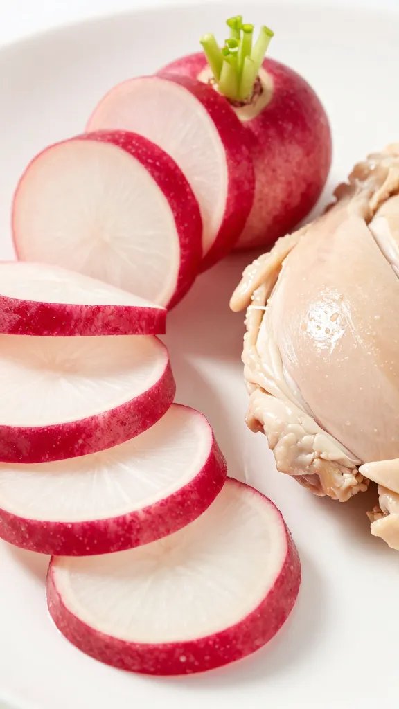 sliced radishes fanned beside chicken, shallow depth