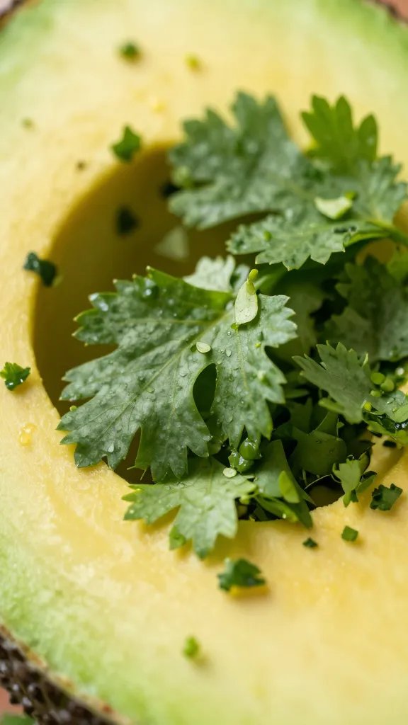 cilantro leaves sprinkled on avocado, extreme closeup