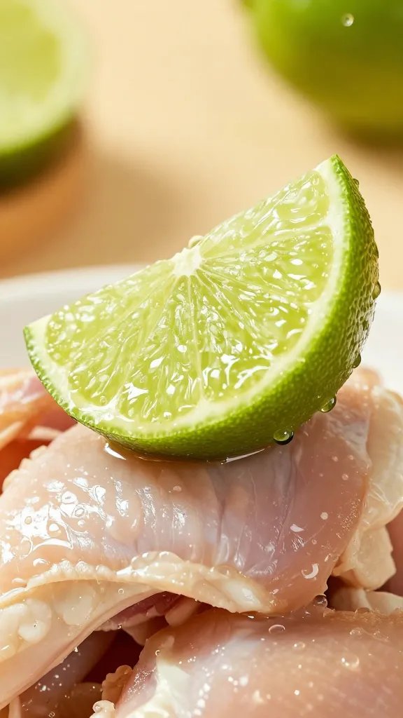 lime wedge squeezed over chicken, droplets frozen