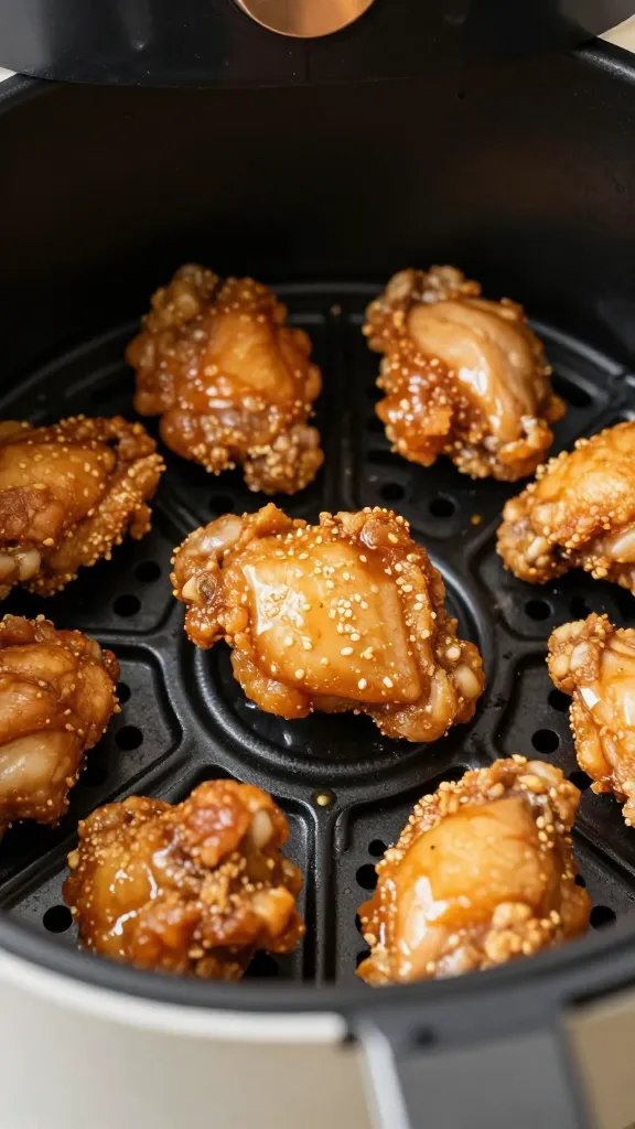 air fryer basket with golden chicken pieces, closeup