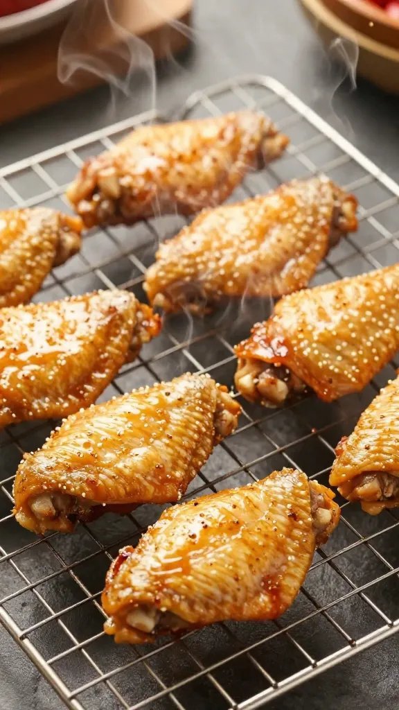 Chicken wings in air fryer basket showing golden-brown colour halfway through cooking
