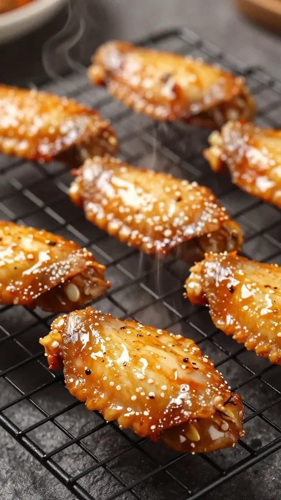 Chili-garlic wings in air fryer basket showing golden-brown colour and proper spacing