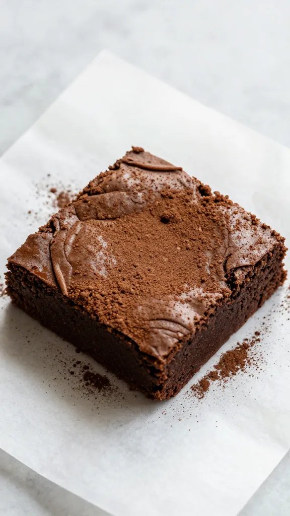 single square keto brownie on parchment, espresso dusting