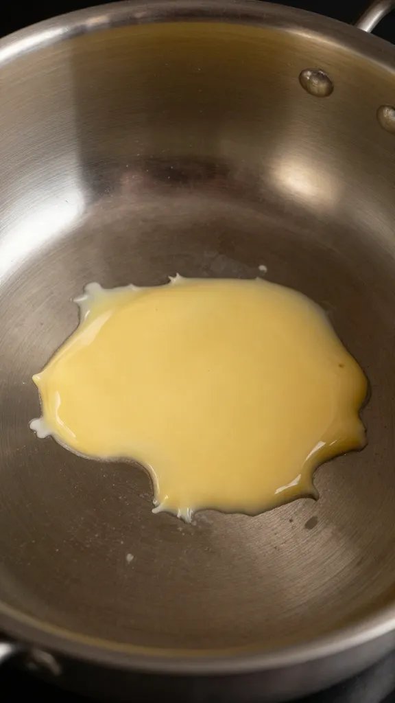 melted butter pooling in stainless saucepan, warm light