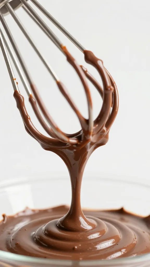glossy cocoa-butter batter ribboning off whisk, macro