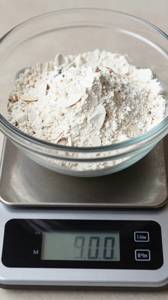 digital scale weighing almond flour in glass bowl, closeup