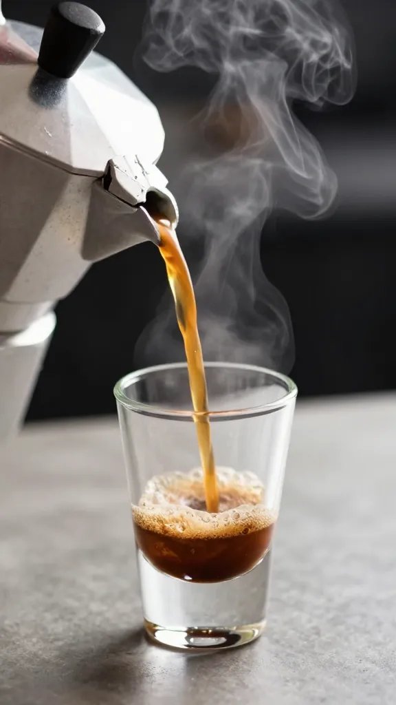 moka pot pouring espresso into shot glass, steam visible