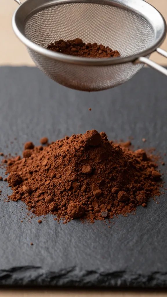 cocoa powder mound on black slate, fine sieve overhead