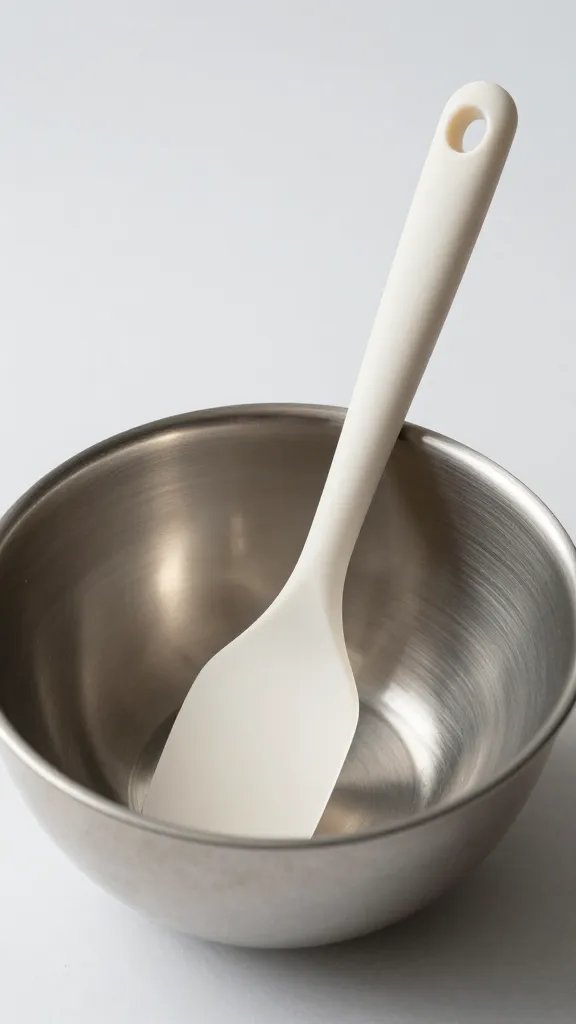 silicone spatula folding batter in metal bowl, tight crop