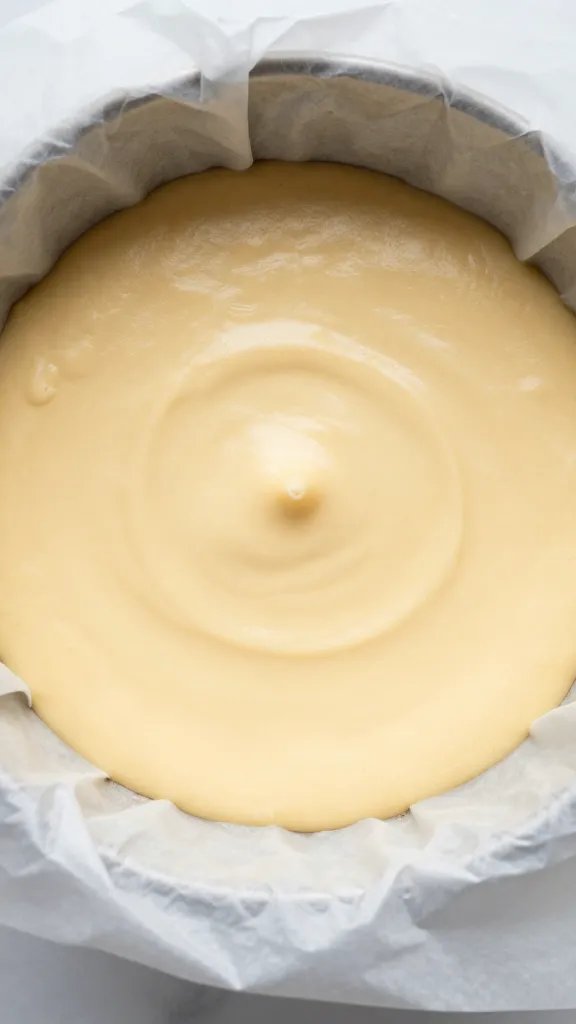 parchment-lined 8-inch pan filled with smooth batter, top view