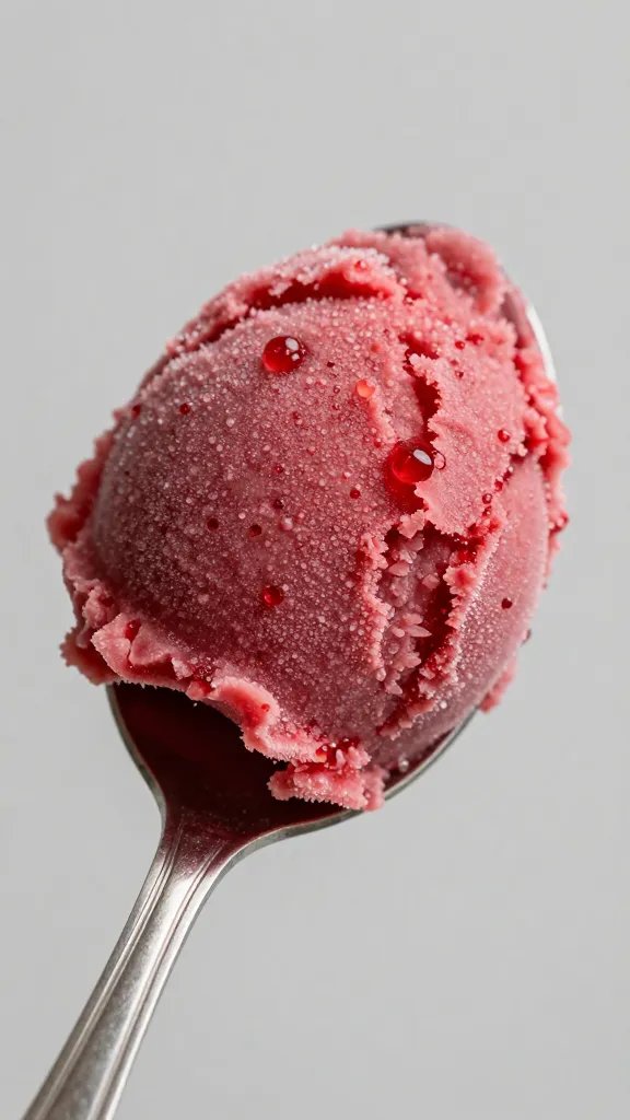 closeup scoop of raspberry keto sorbet on silver spoon