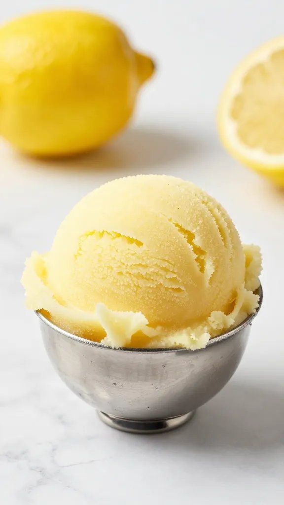 lemon keto sorbet scoop in stainless ice cream scoop