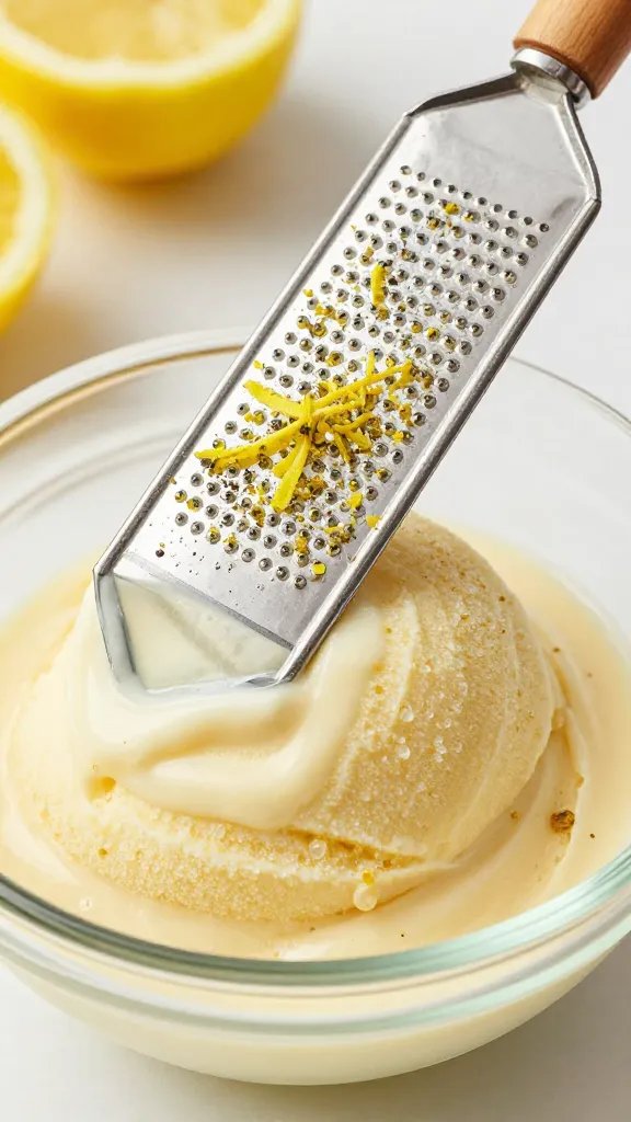 microplane grating lemon zest over sorbet mixture bowl