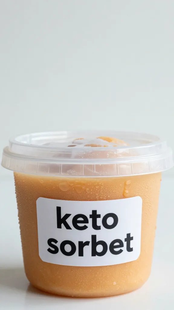 frozen container lid labeled “keto sorbet” with condensation