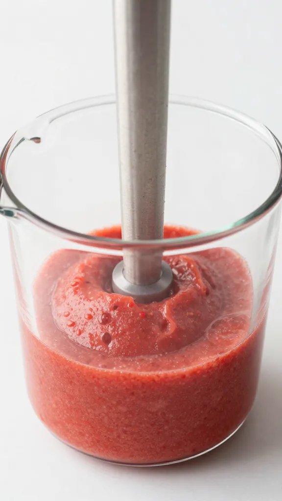 immersion blender pureeing strawberry sorbet base in beaker