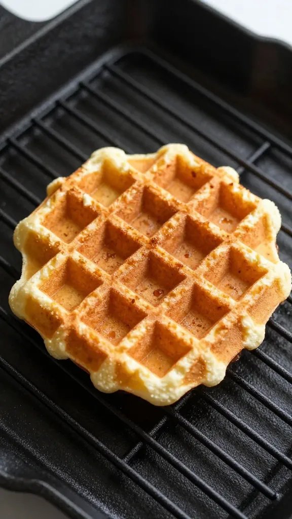 single crisp keto waffle on black cast-iron grid