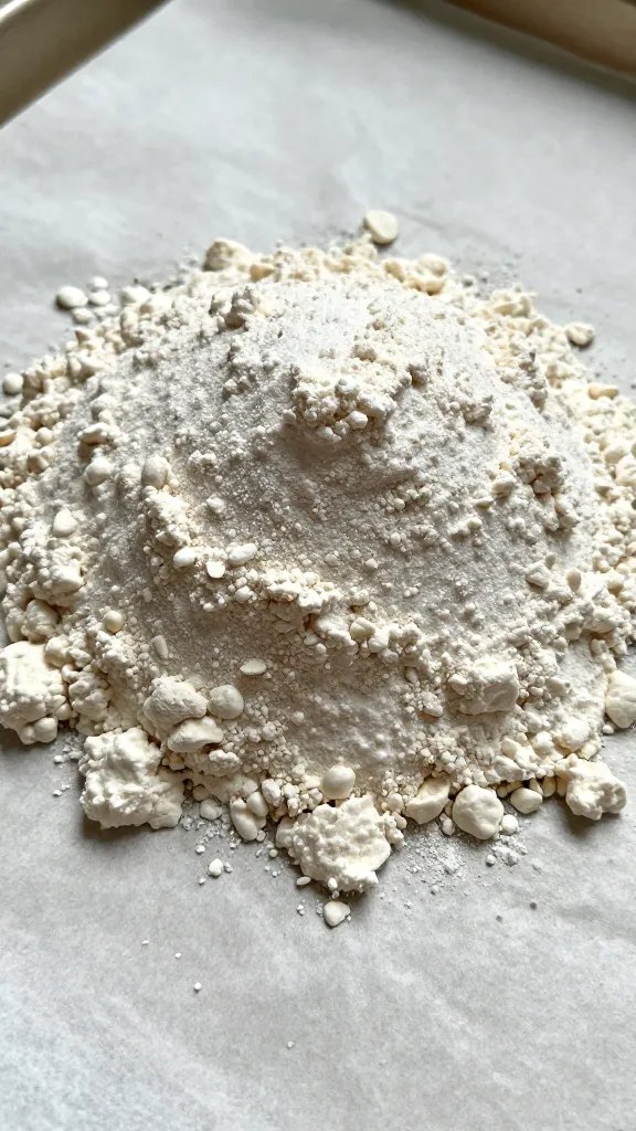 closeup almond flour mound on parchment paper