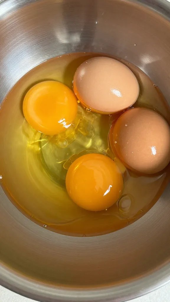 glossy beaten eggs in stainless mixing bowl