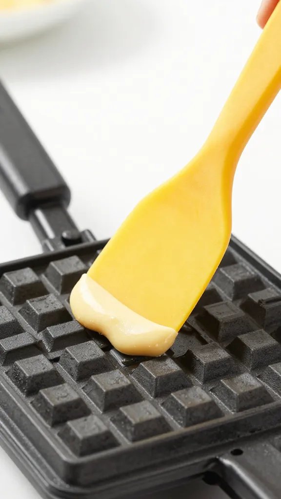 silicone spatula spreading batter on waffle iron