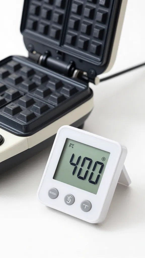 digital thermometer reading 400°F beside waffle maker