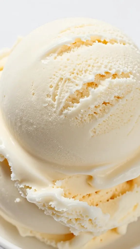 closeup scoop of keto vanilla ice cream, frosty surface